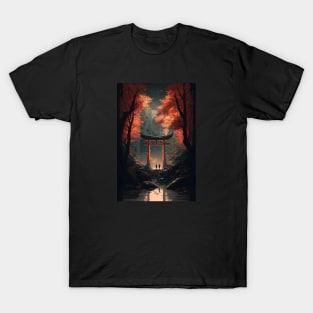 Magical Torii Gate in Autumn Japanese Forest - Aesthetic Anime and Manga-inspired Design T-Shirt